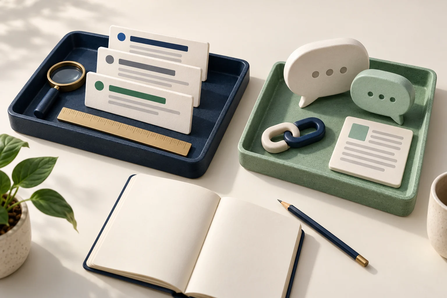 Two separate trays: search-result cards on the left, answer and source symbols on the right, with a notebook for recording observations.