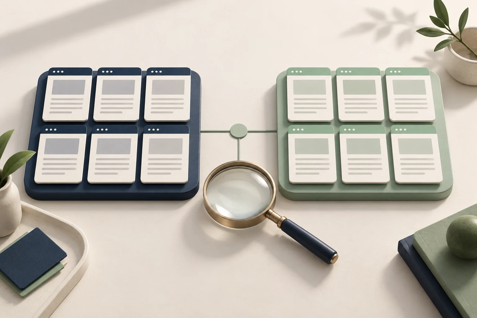 Two comparable groups of stylised web pages on navy and mint trays, with a magnifying glass suggesting a shared review.