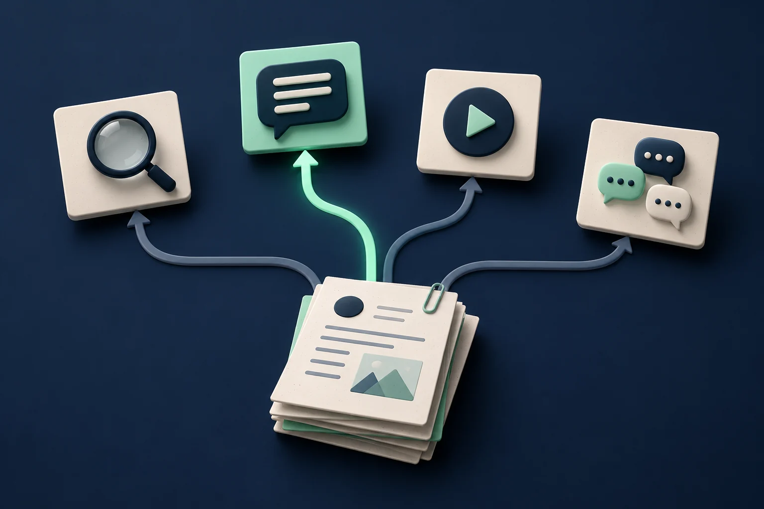 A document stack with four paths leading to web search, AI answers, video and professional discussion.