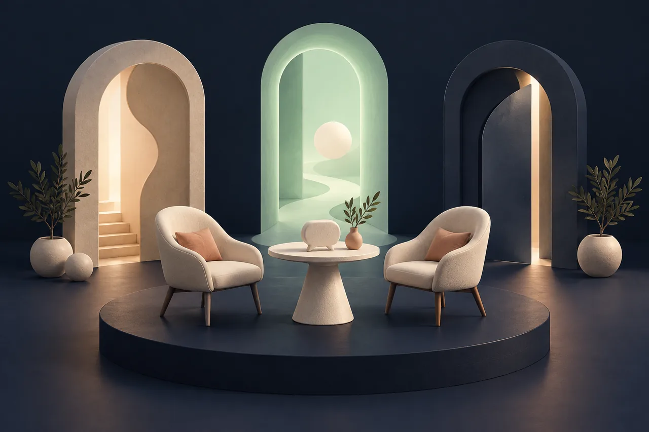 Symbolic coaching setting with two armchairs, a conversation table and several open doorways.