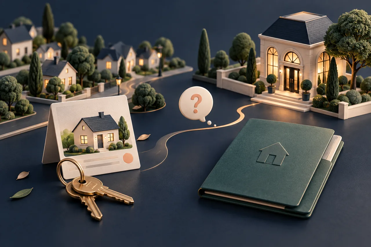 Concept illustration with model homes, a property card, keys and an agency folder.
