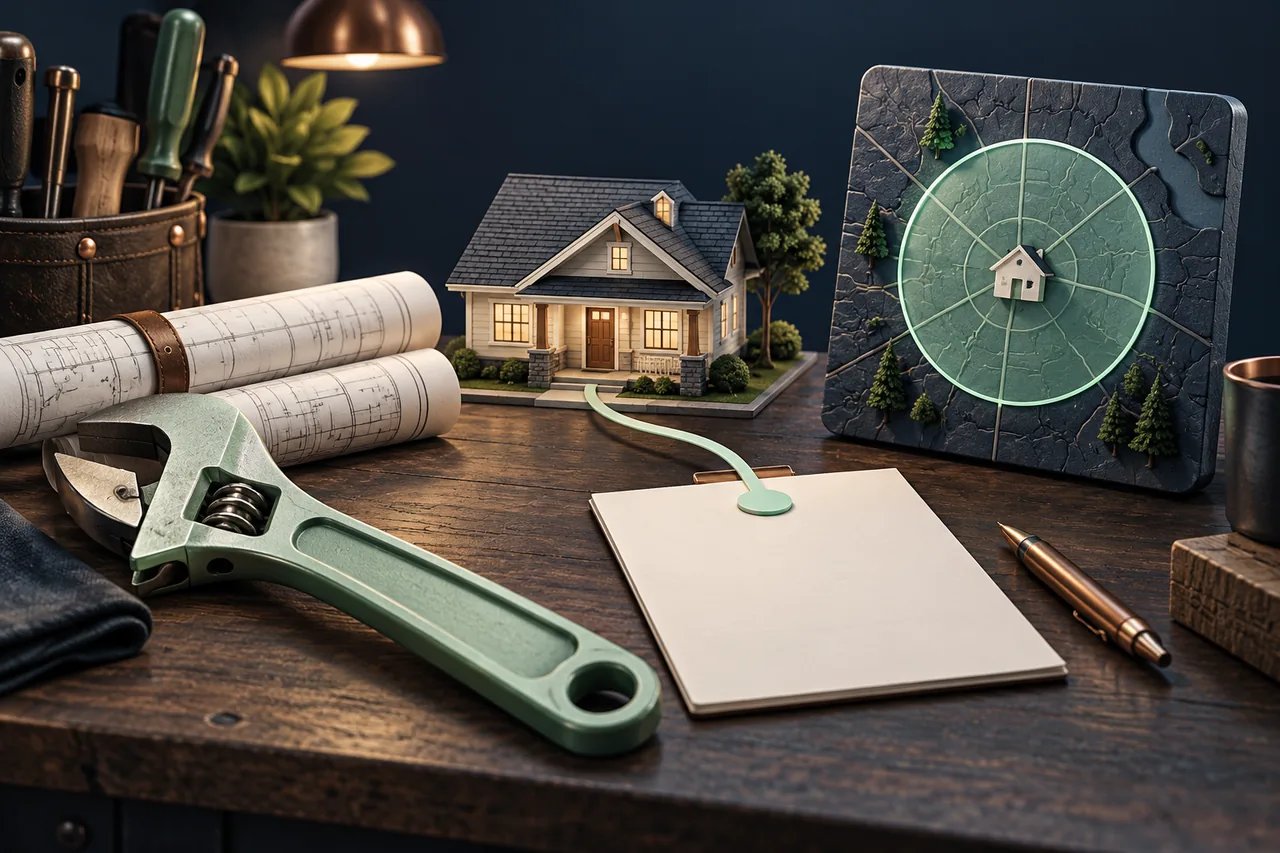 Symbolic workbench with a tool, model home, plans and a service-area map.