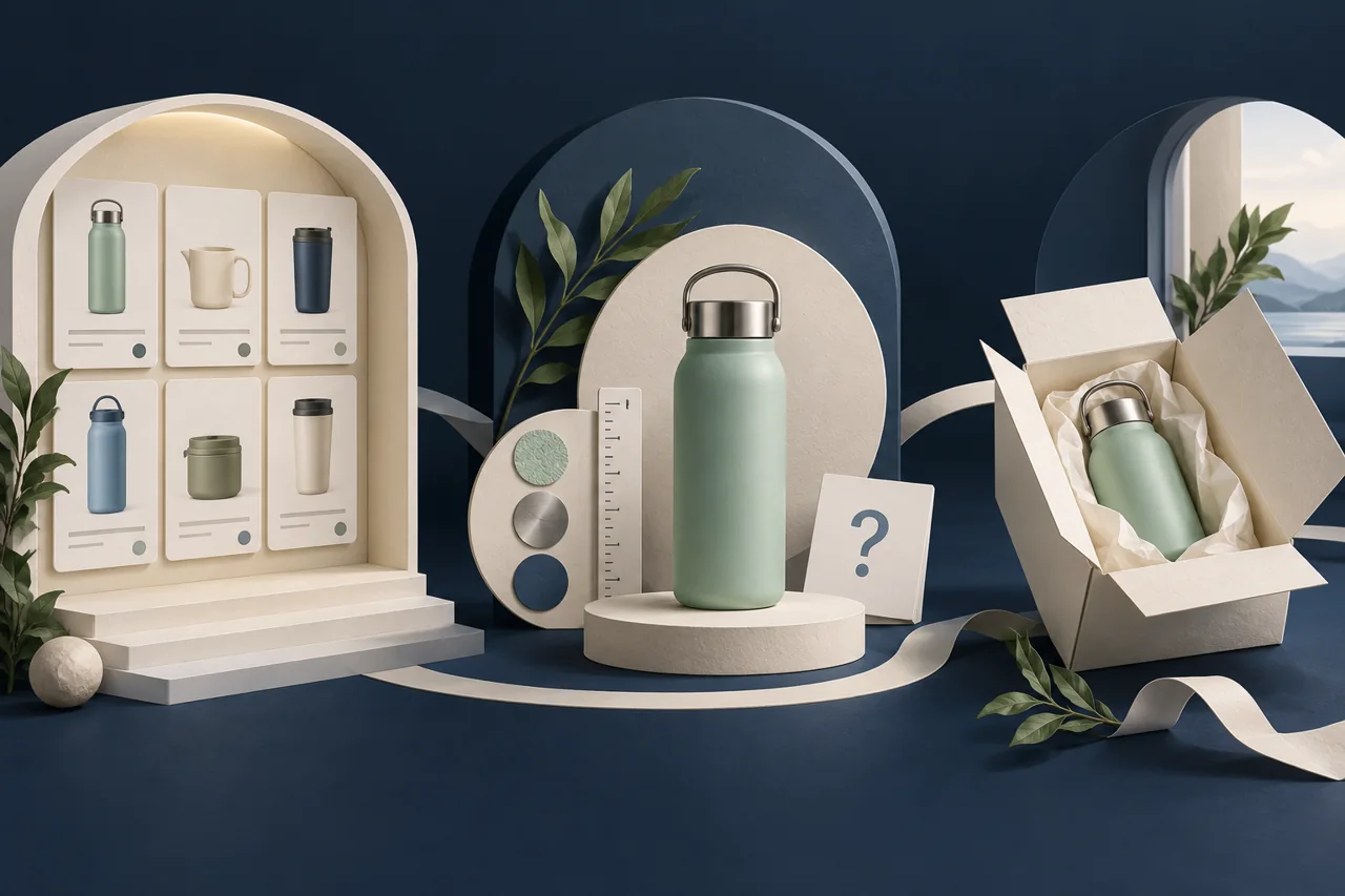 Illustration: eine Produktauswahl führt zu einer Trinkflasche mit Material- und Maßsymbolen und anschließend zu einer geöffneten Verpackung.
