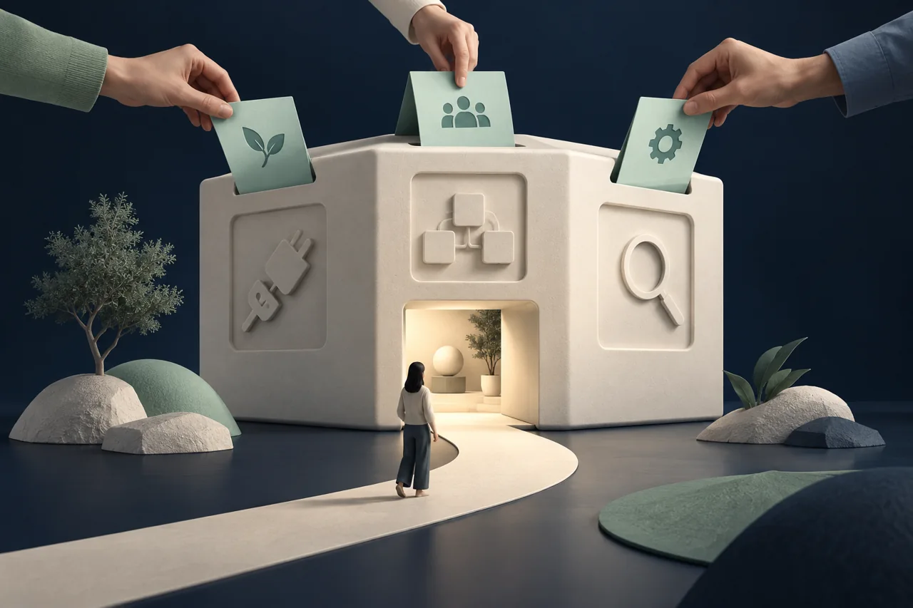 Illustration: different requirements are matched to a modular software building, with a path leading to its entrance.