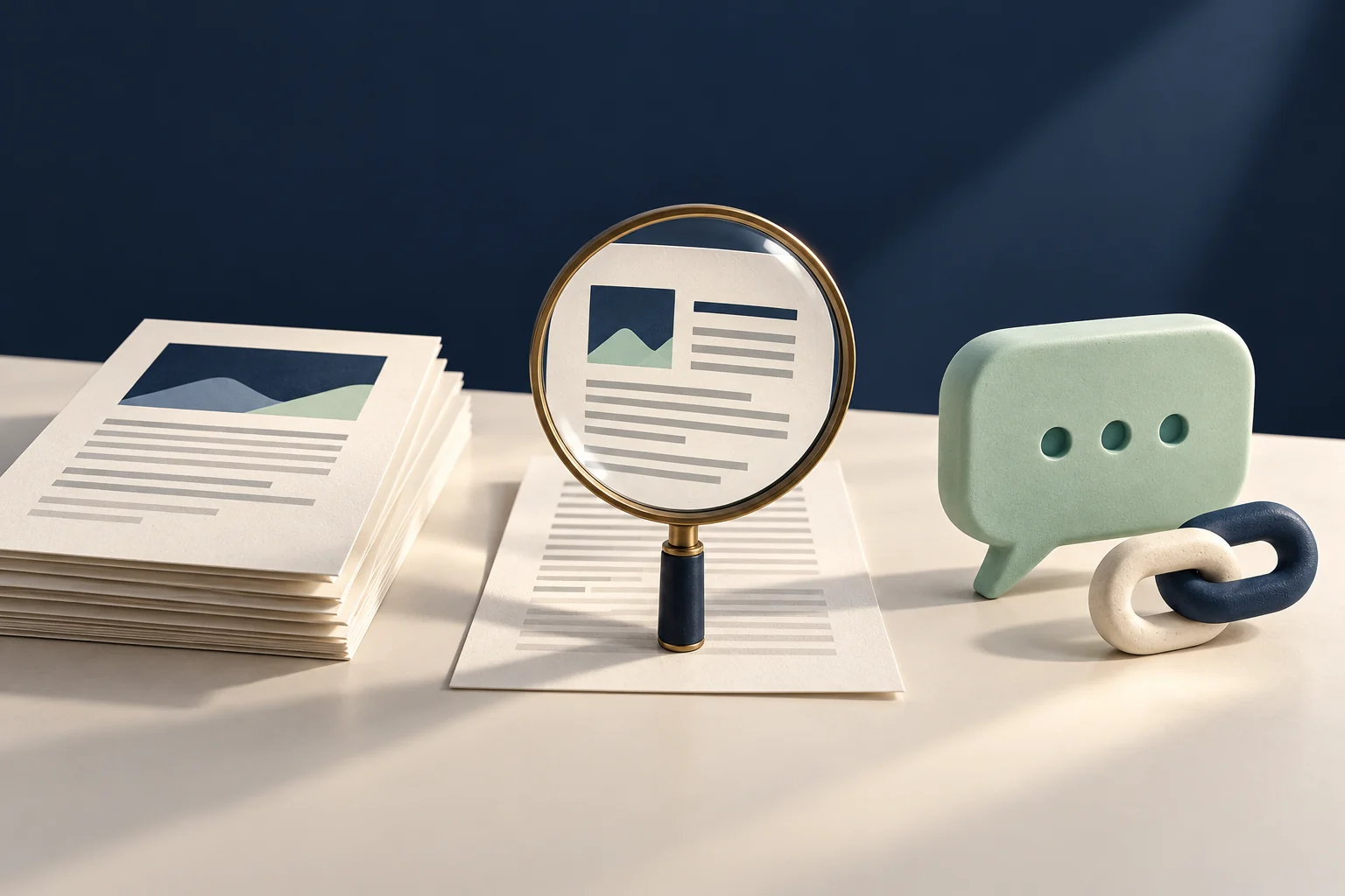 Conceptual representation of the path from a document through publication to a source that can be checked.