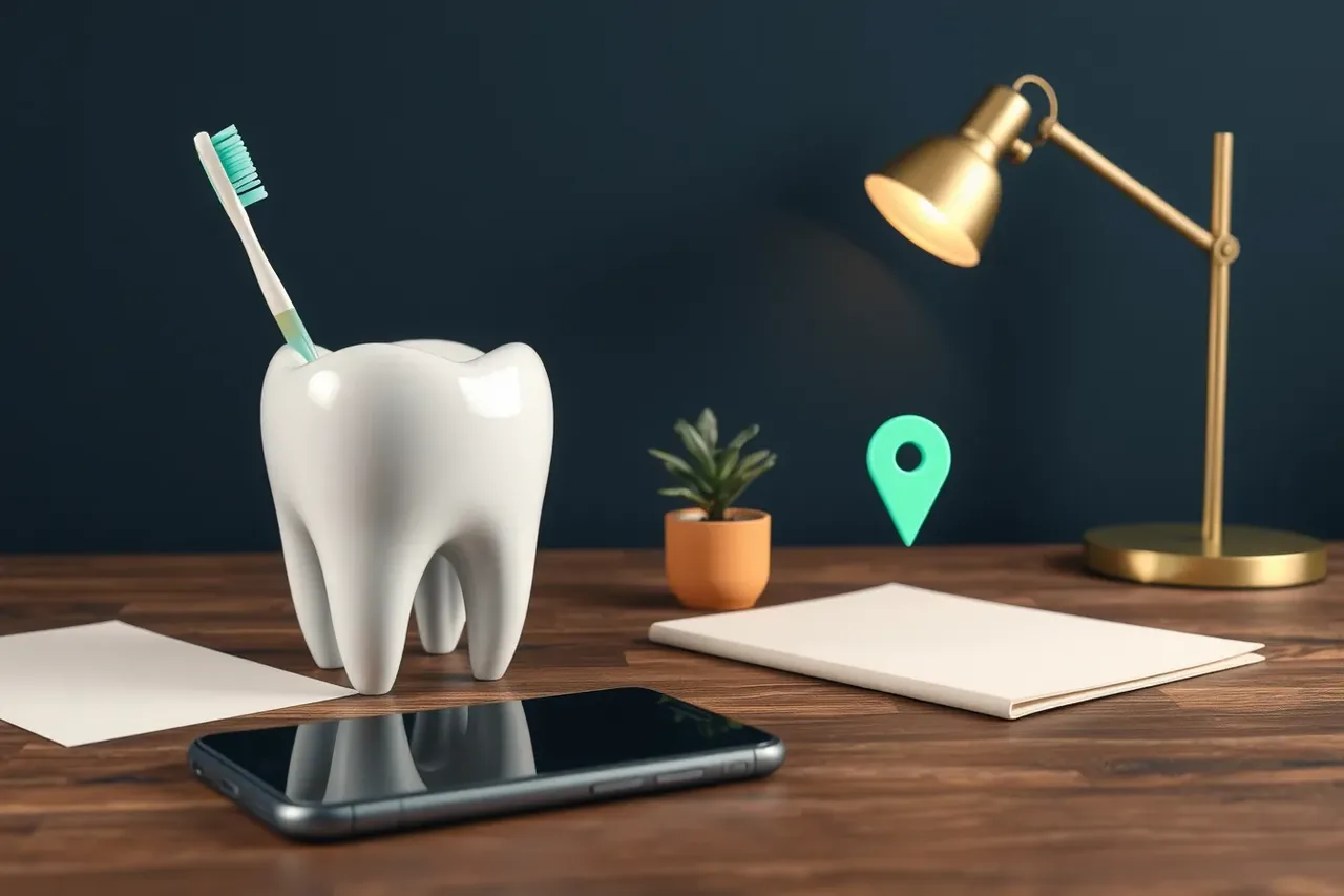 Illustration with a tooth model, a toothbrush, a smartphone, a desk lamp and a mint green location pin.