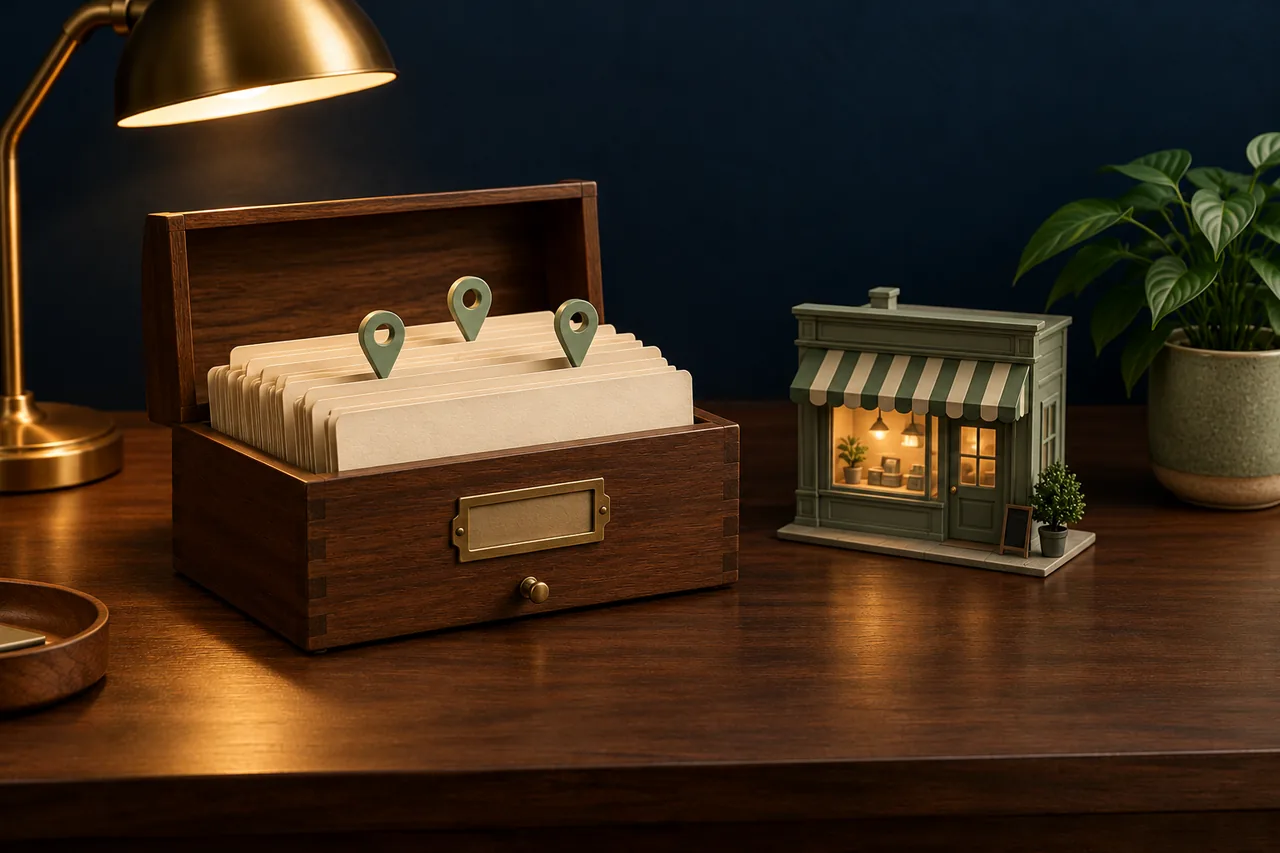 Illustration with an open card index box, three mint green location pins and a small shop model.