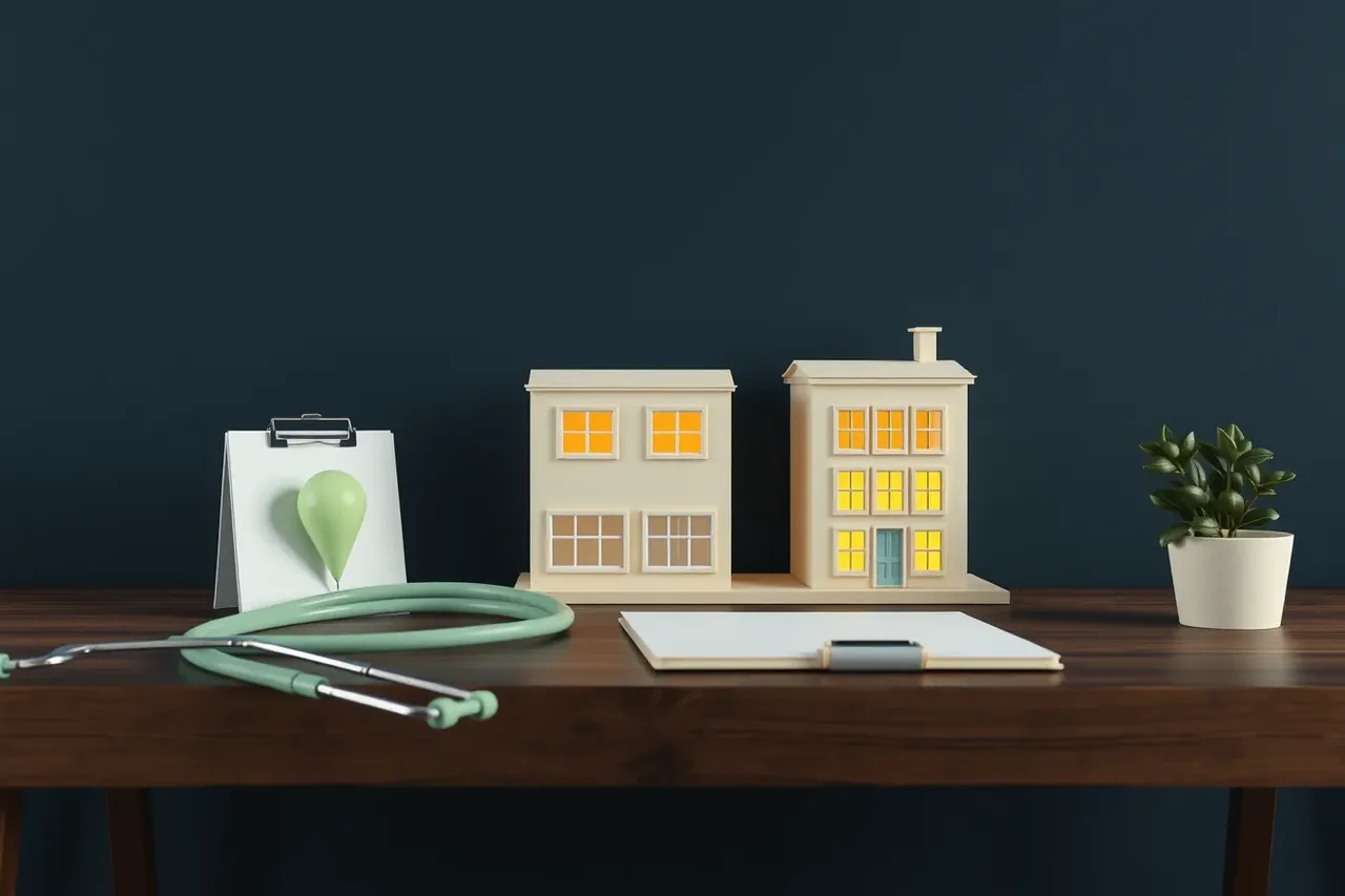 Illustration with a stethoscope, a clipboard, two small building models with lit windows and a mint green location pin.