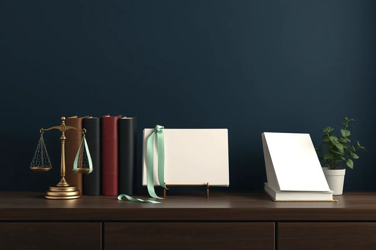 Illustration with a small brass balance scale, bound books, a blank card with a mint green ribbon and a plant.