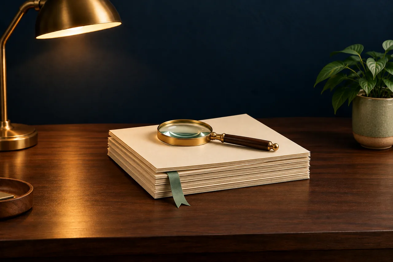 Illustration with a stack of plain paper sheets, a magnifying glass and a mint green bookmark.