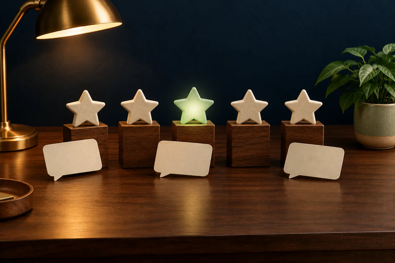 Illustration with five stars on wooden pedestals, one glowing mint green, and blank speech bubble cards.
