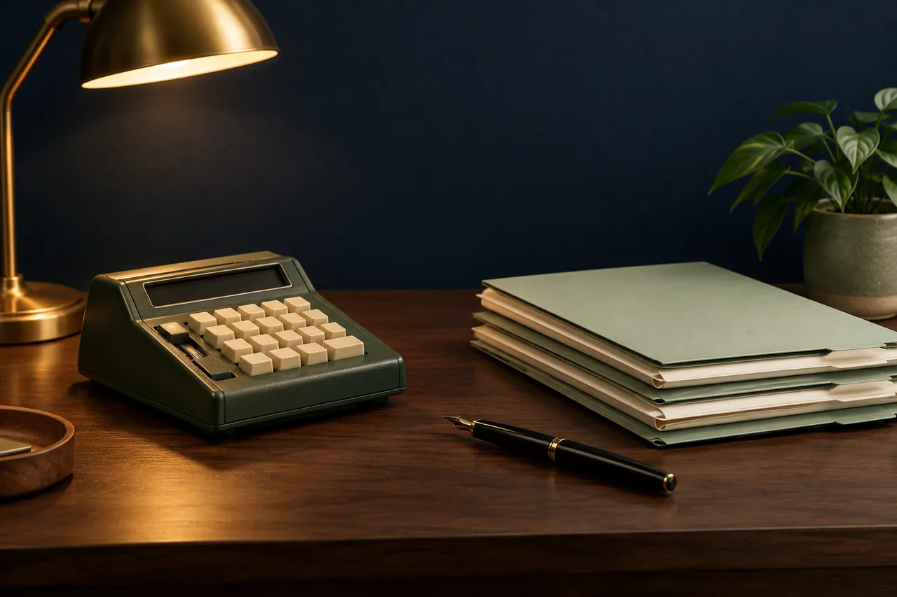 Illustration with a vintage desk calculator, stacked folders, a fountain pen and a desk lamp.