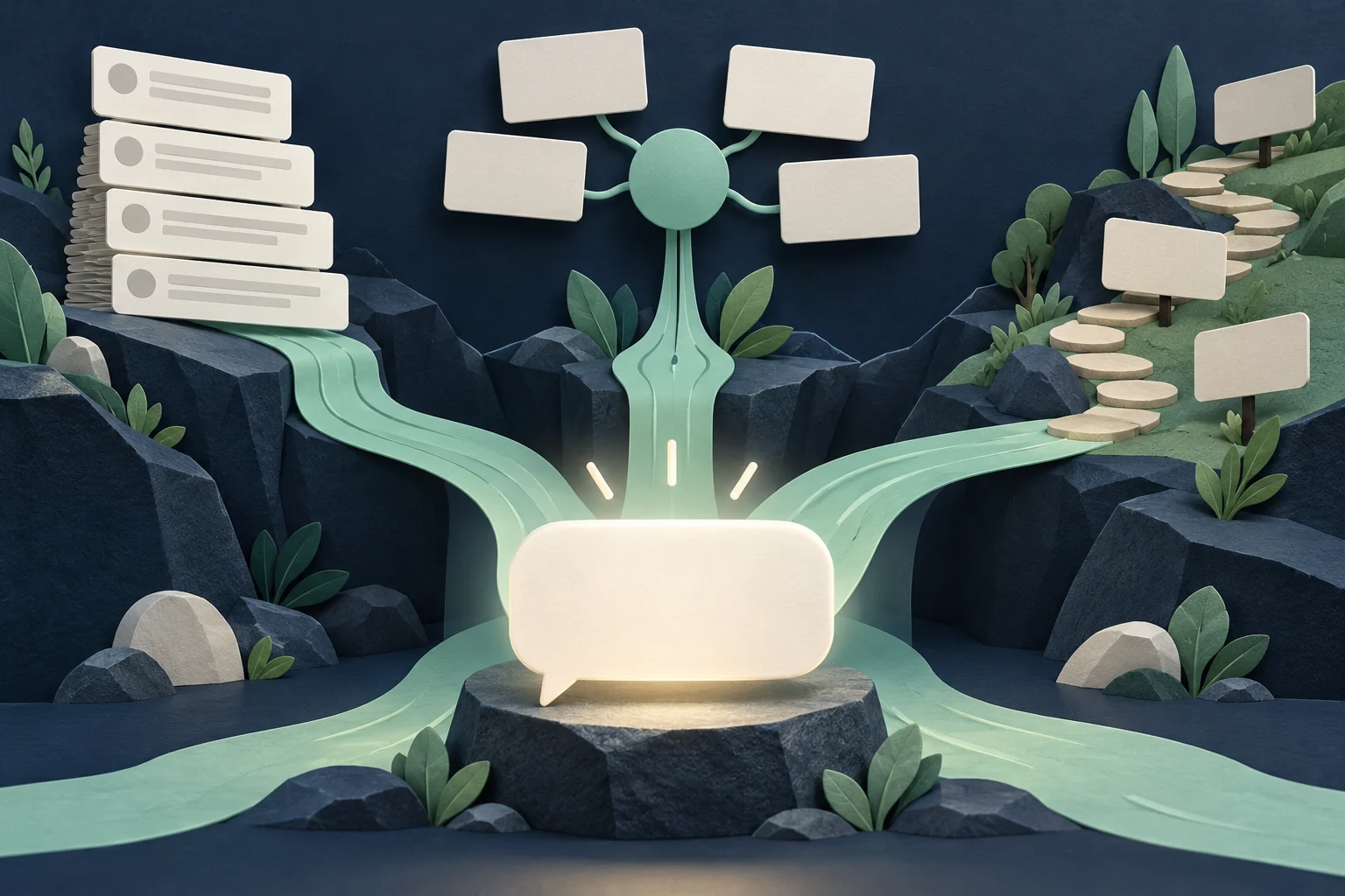 Illustration: search results, direct answers and connected sources take different routes to useful information.