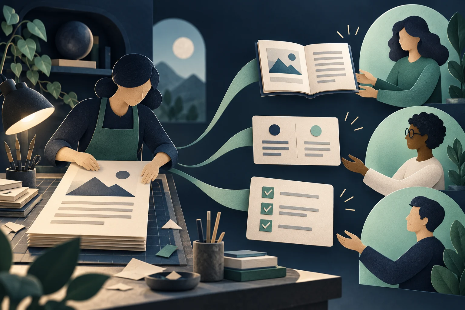Illustration: Aus geprüftem Ausgangsmaterial entstehen ein Ratgeber, ein Vergleich und eine Checkliste für unterschiedliche Leser.
