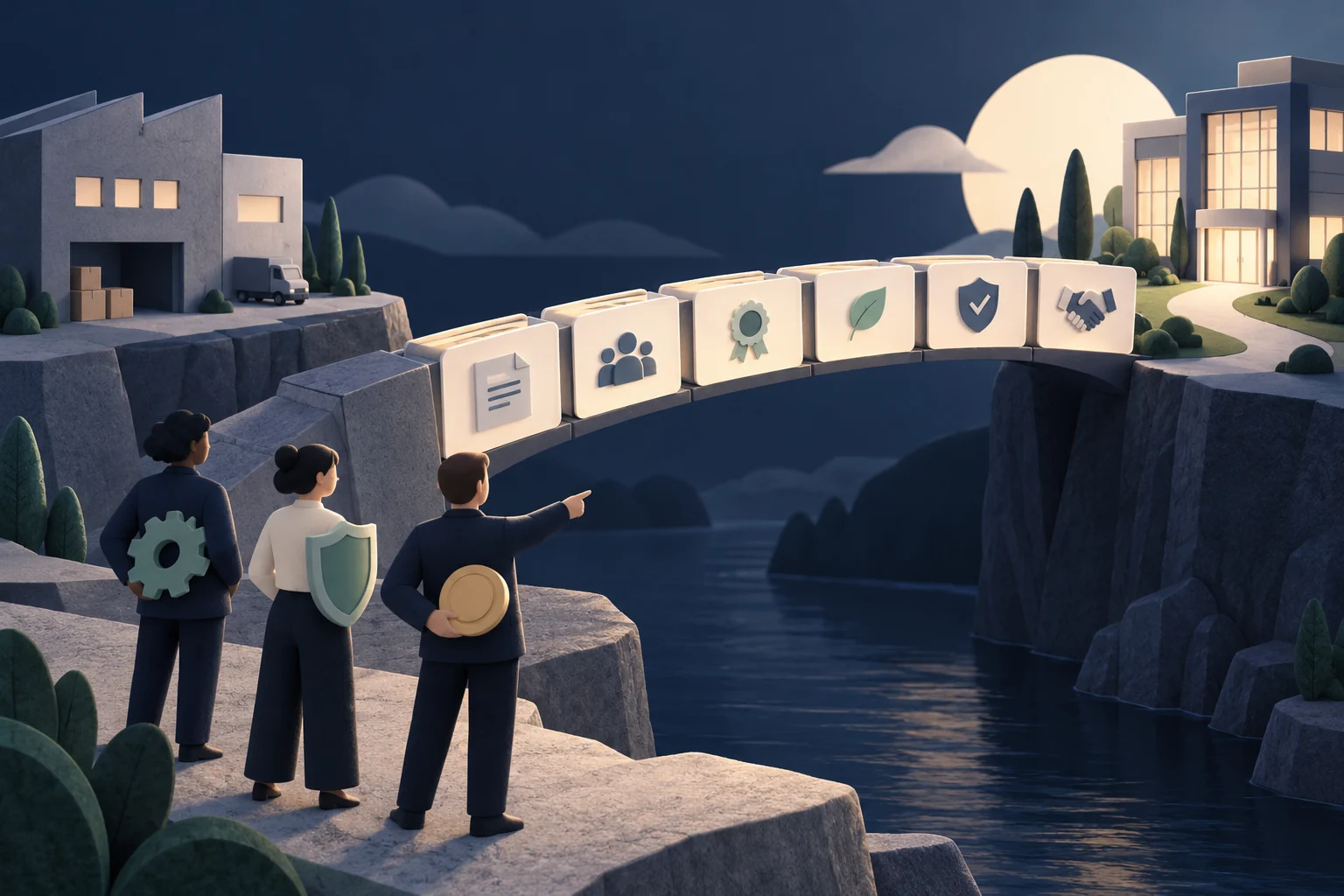 Illustration: three decision makers examine a bridge of product evidence between a supplier and a business.