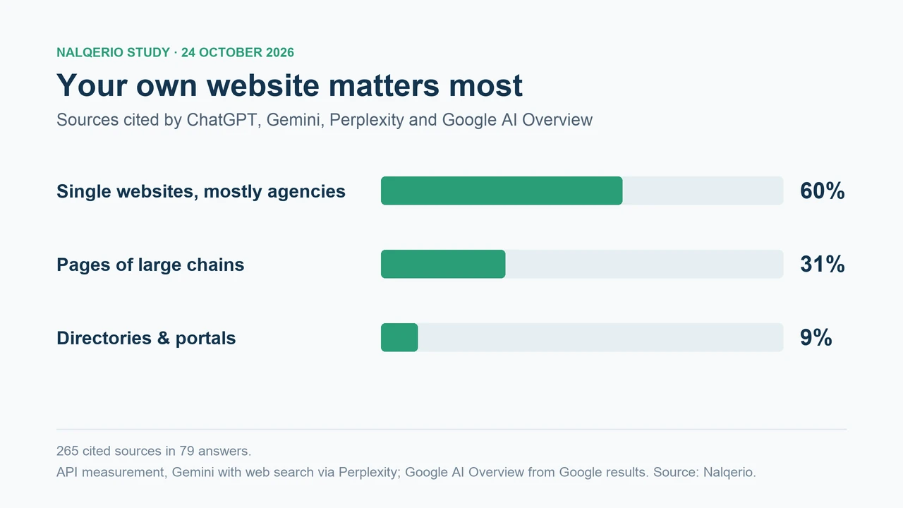 Bar chart: 60 percent of cited sources were single websites, mostly travel agencies, 31 percent pages of large chains and 9 percent directories and portals.