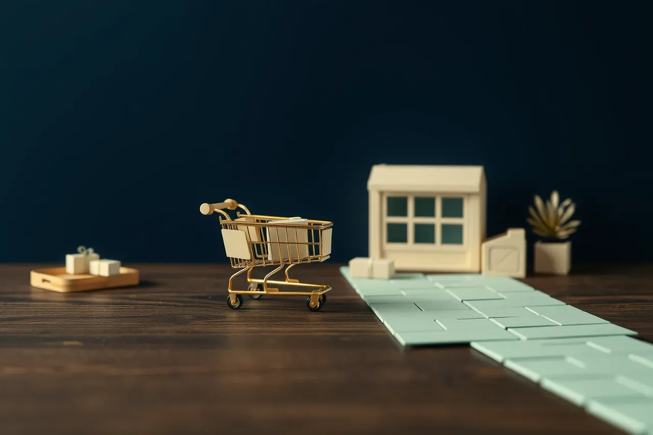 Illustration: a small mechanical shopping cart rolling along a path of green tiles towards a shop front.