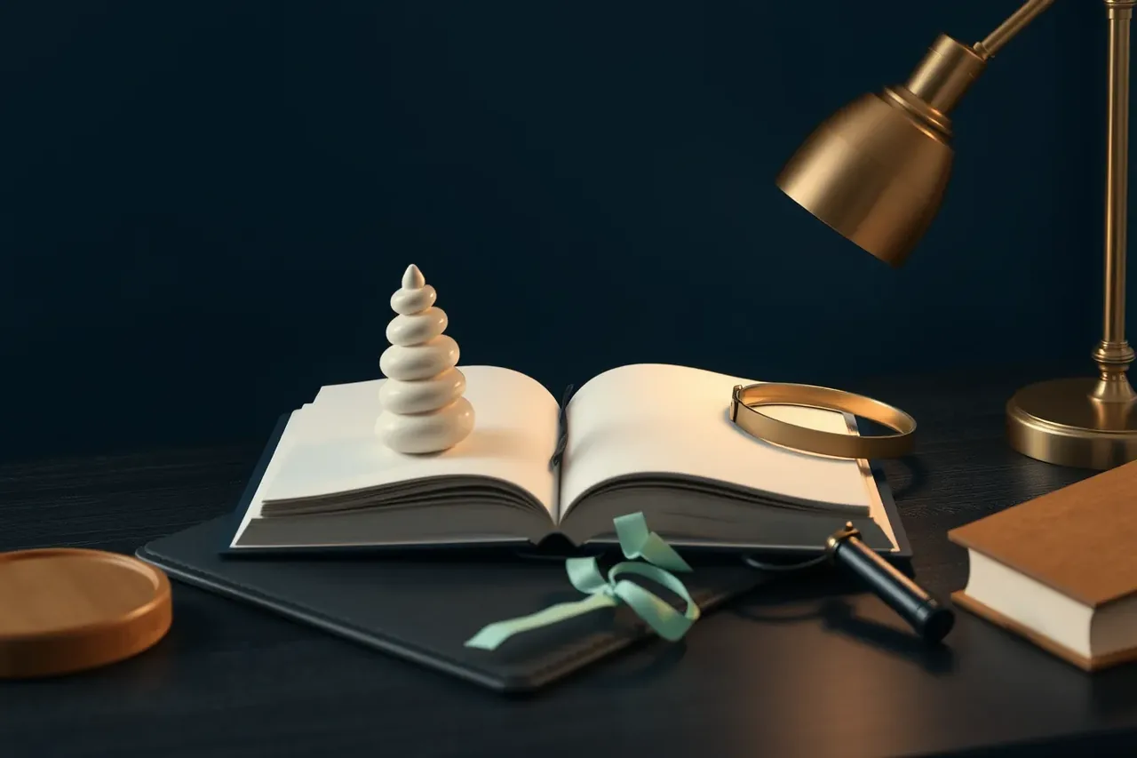 Illustration: ein aufgeschlagenes Notizbuch mit einer gestapelten Skulptur, einer Lupe und einem grünen Band, daneben eine Schreibtischlampe.