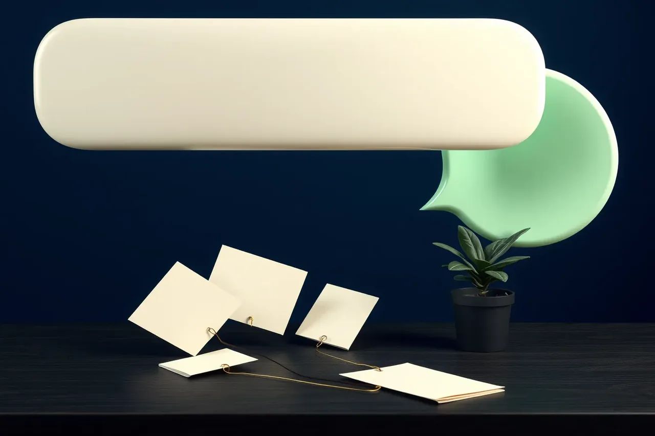Illustration: a search box turning into a speech bubble, with cards connected by threads below it.