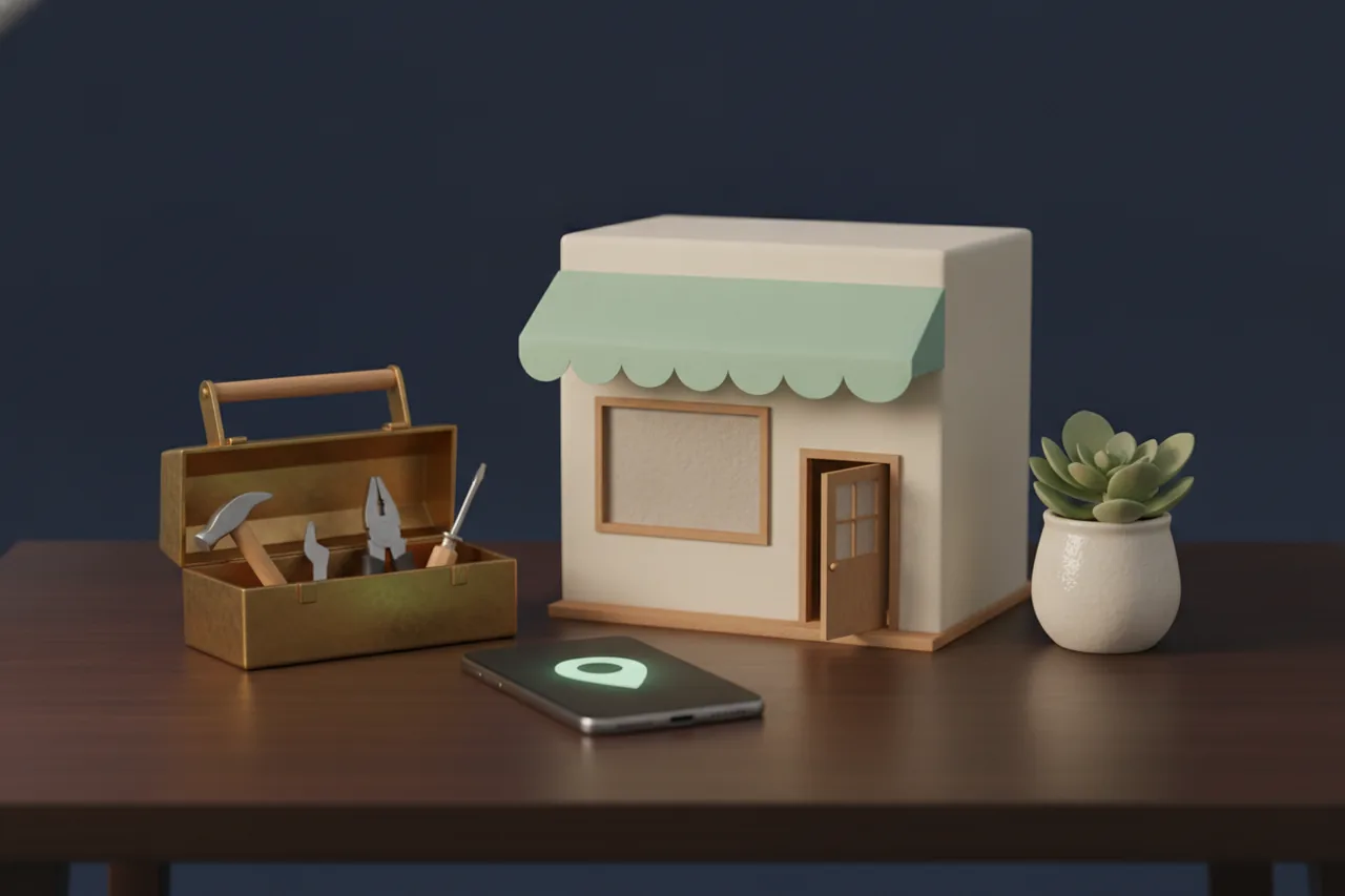 Illustration: a small shop front with a green awning, a toolbox beside it and a smartphone showing a glowing location pin.