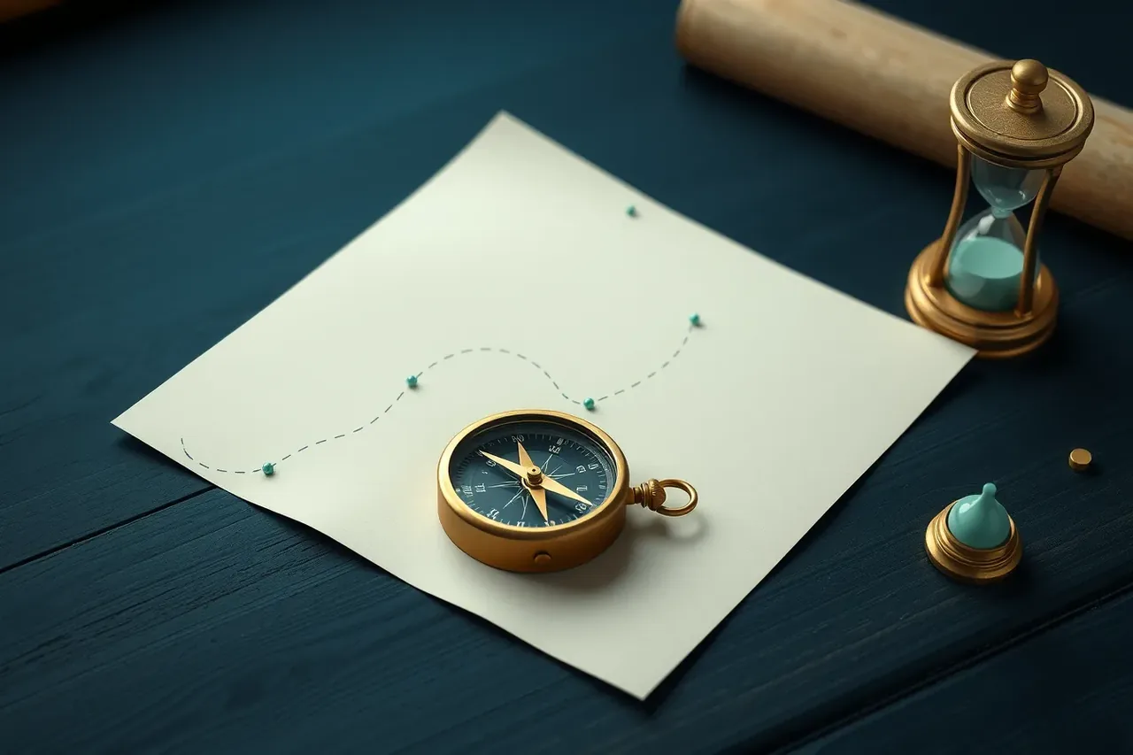 Illustration: a compass on a blank sheet with a dotted green path across it and a small hourglass.