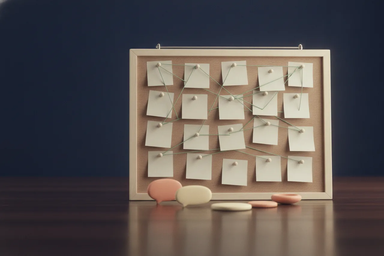 Illustration: a small pinboard with blank notes connected by threads, with a few speech bubbles in front.