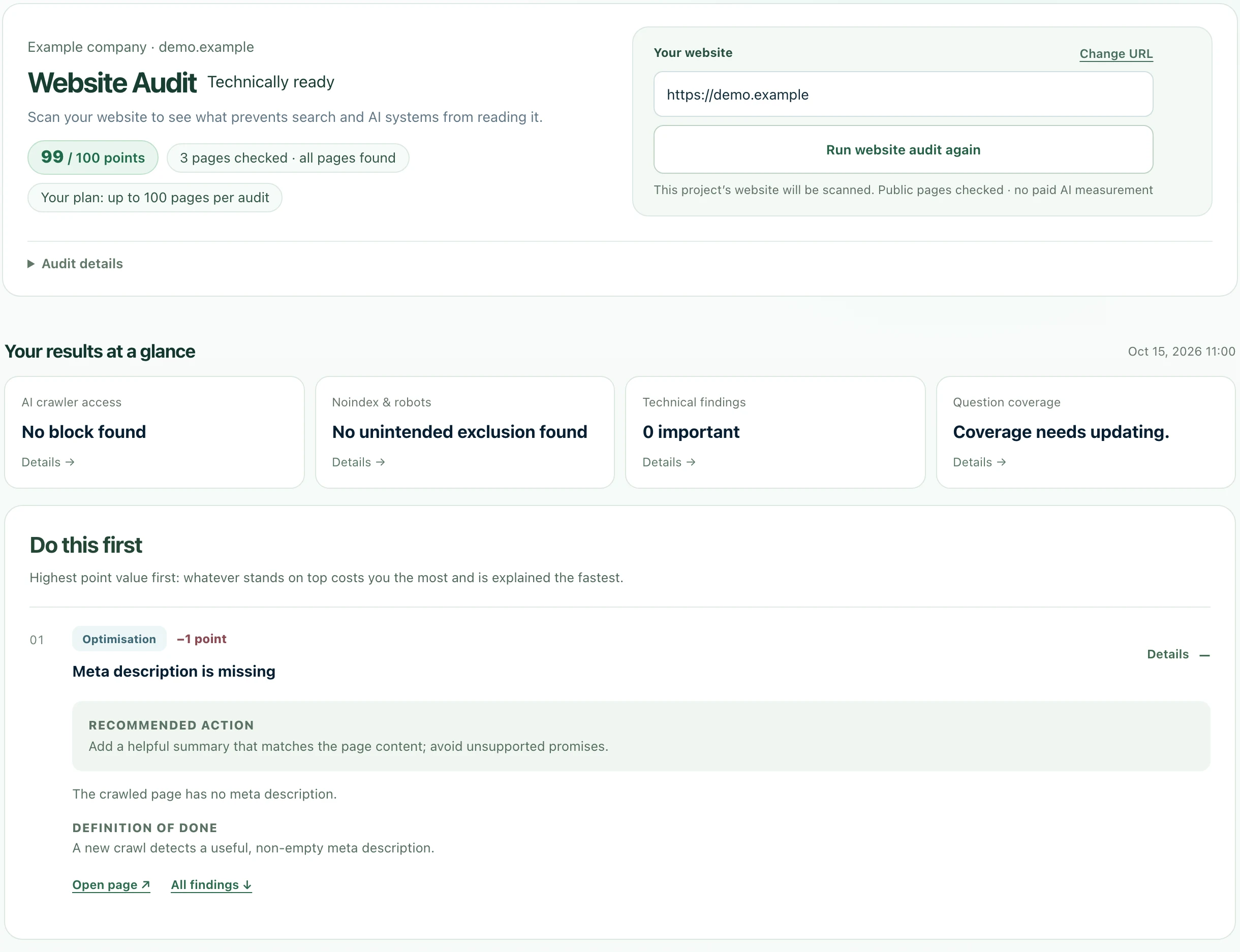 Nalqerio product interface showing labelled example data
