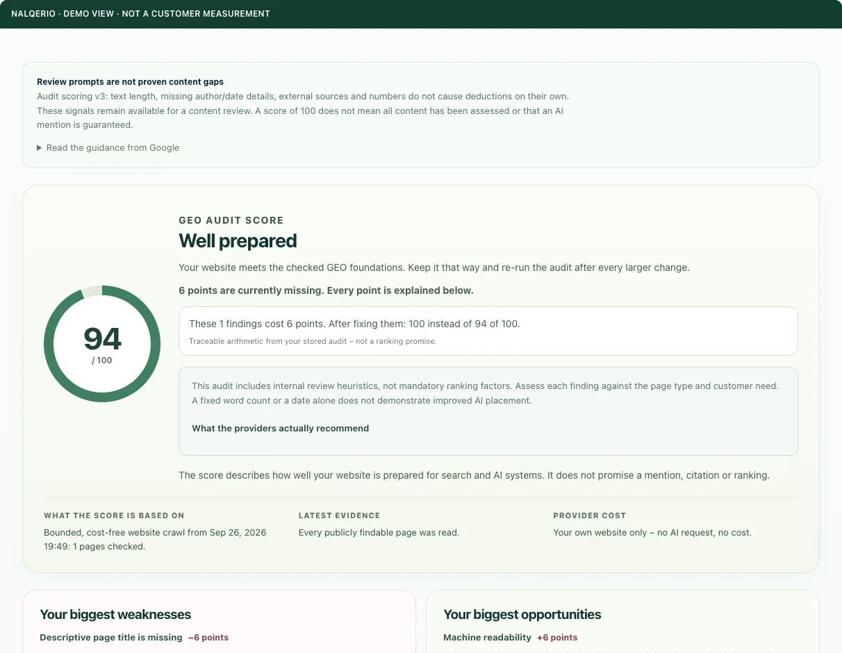 Website audit — Demo view · sample data, not a customer measurement