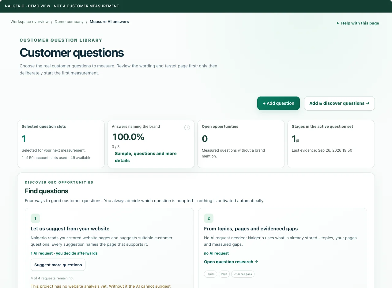 Customer questions — Demo view · sample data, not a customer measurement
