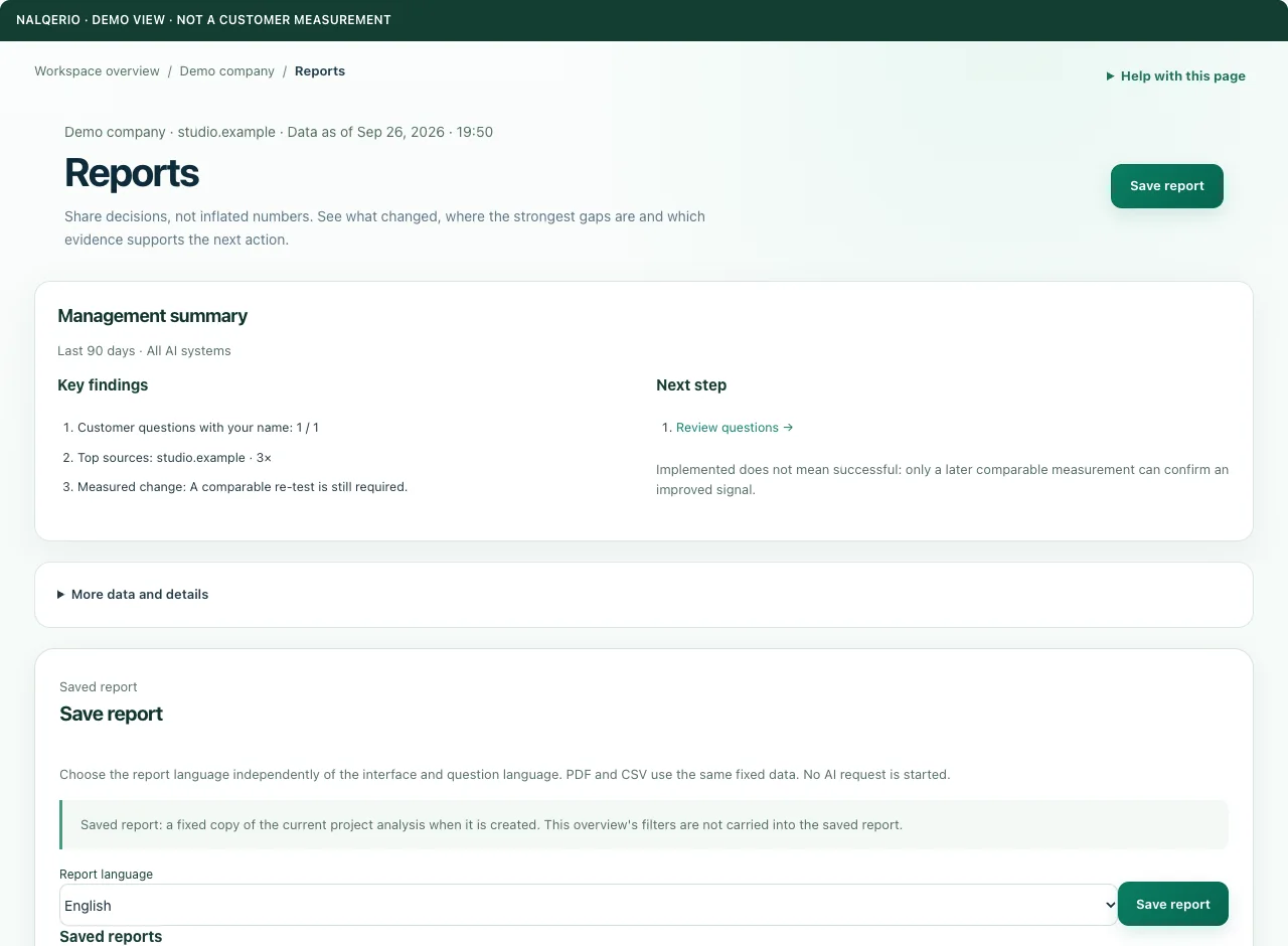 Reports — Demo view · sample data, not a customer measurement