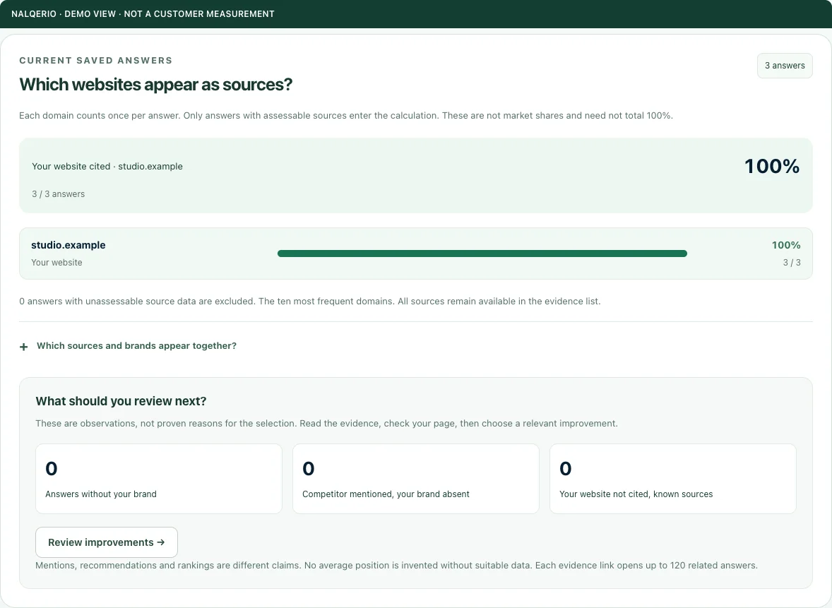 Anonymised source-analysis demo showing the own website, source frequency and assessable sample.